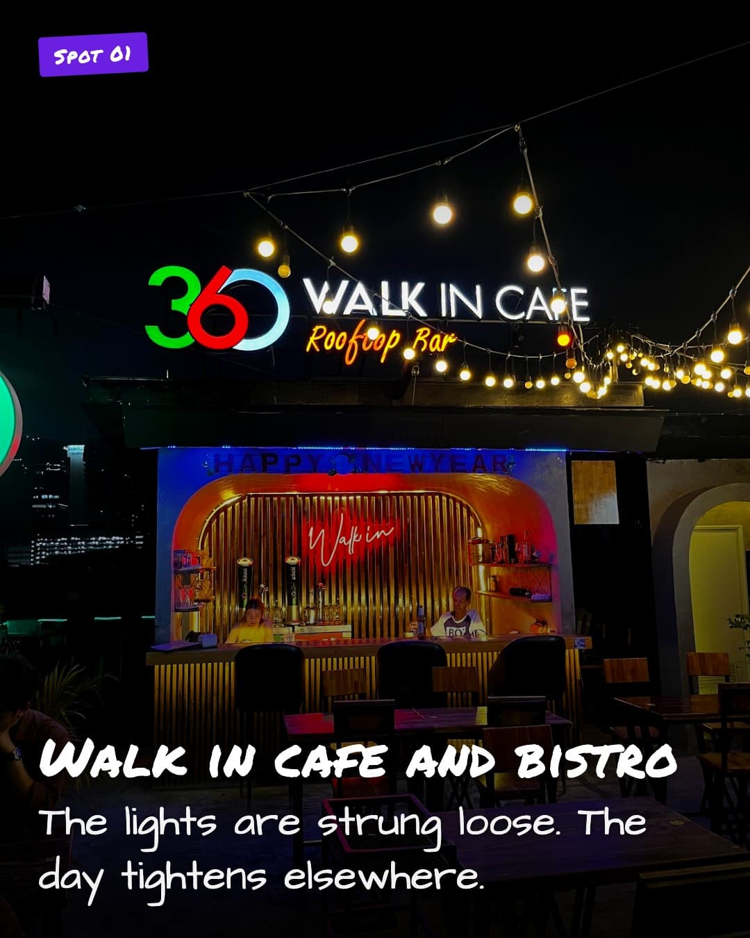 Walk in cafe and bistro rooftop string lights