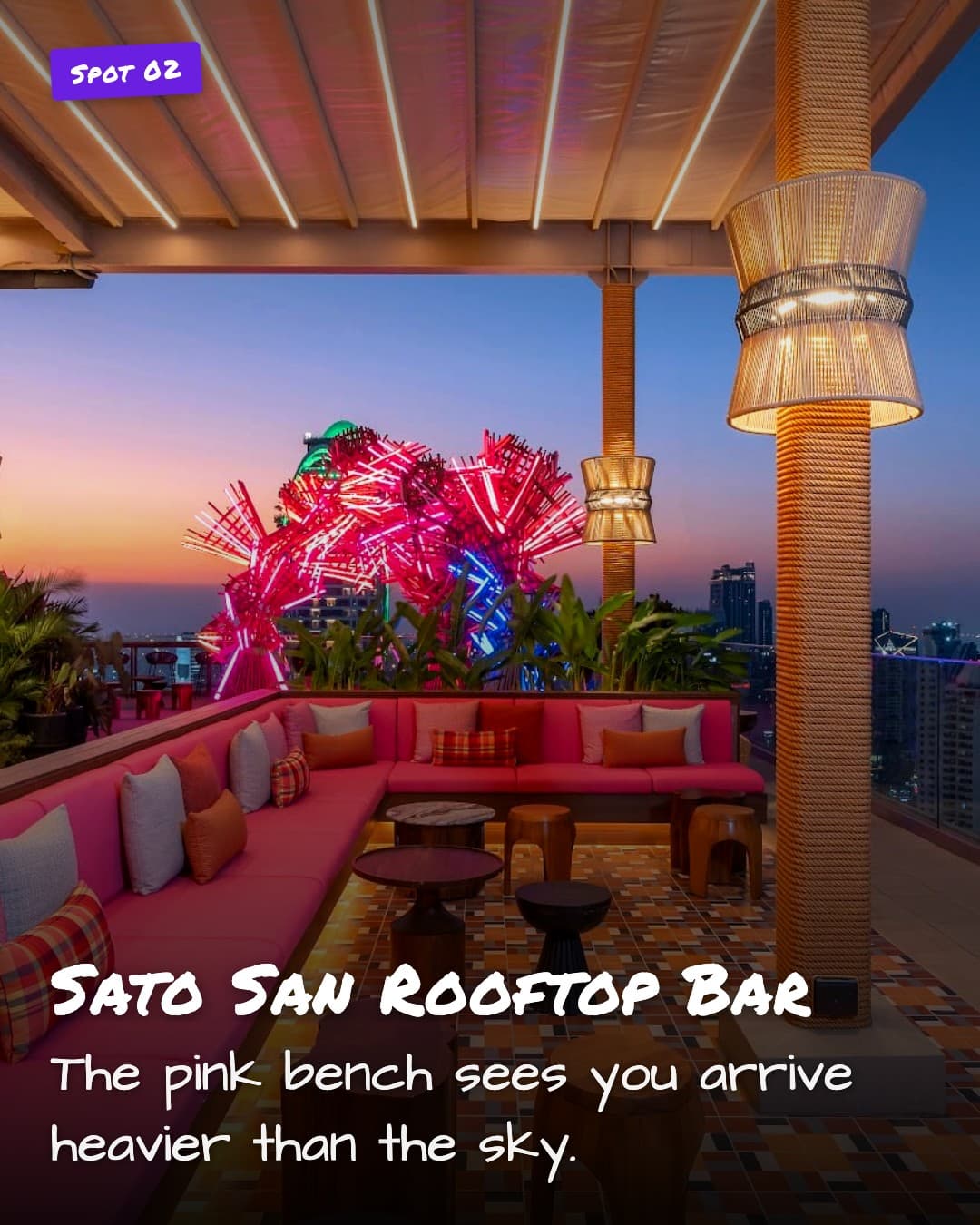 Sato San Rooftop Bar, bench seating